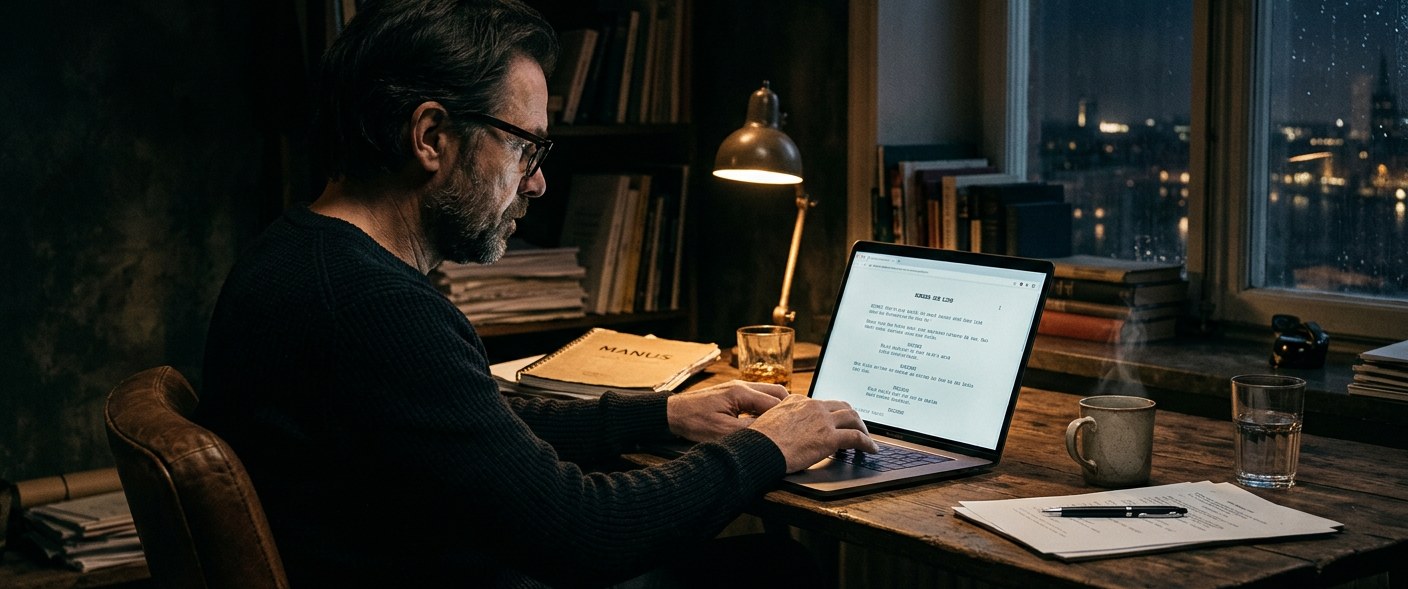 Manusförfattare vid laptopen sent på kvällen, regnet mot fönstret och staden i bakgrunden